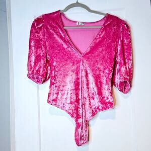Intimately Free People Pink Crushed Velvet Puff Sleeve Bodysuit